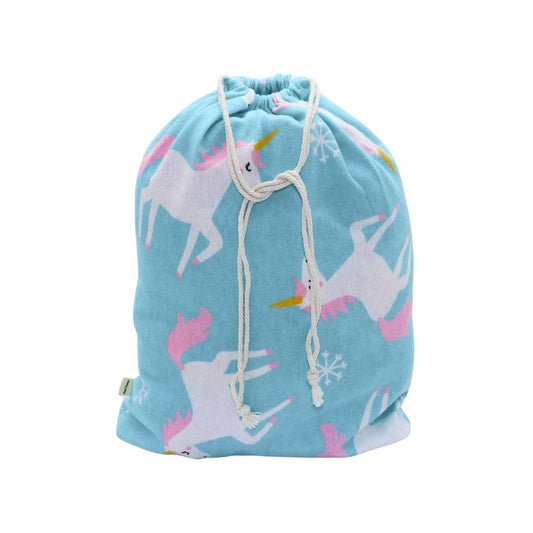 Reusable fabric gift bags - Blue with unicorn patterns