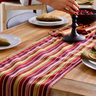 Chemin de table - Lignes velours bourgogne, violet foncé et ocre