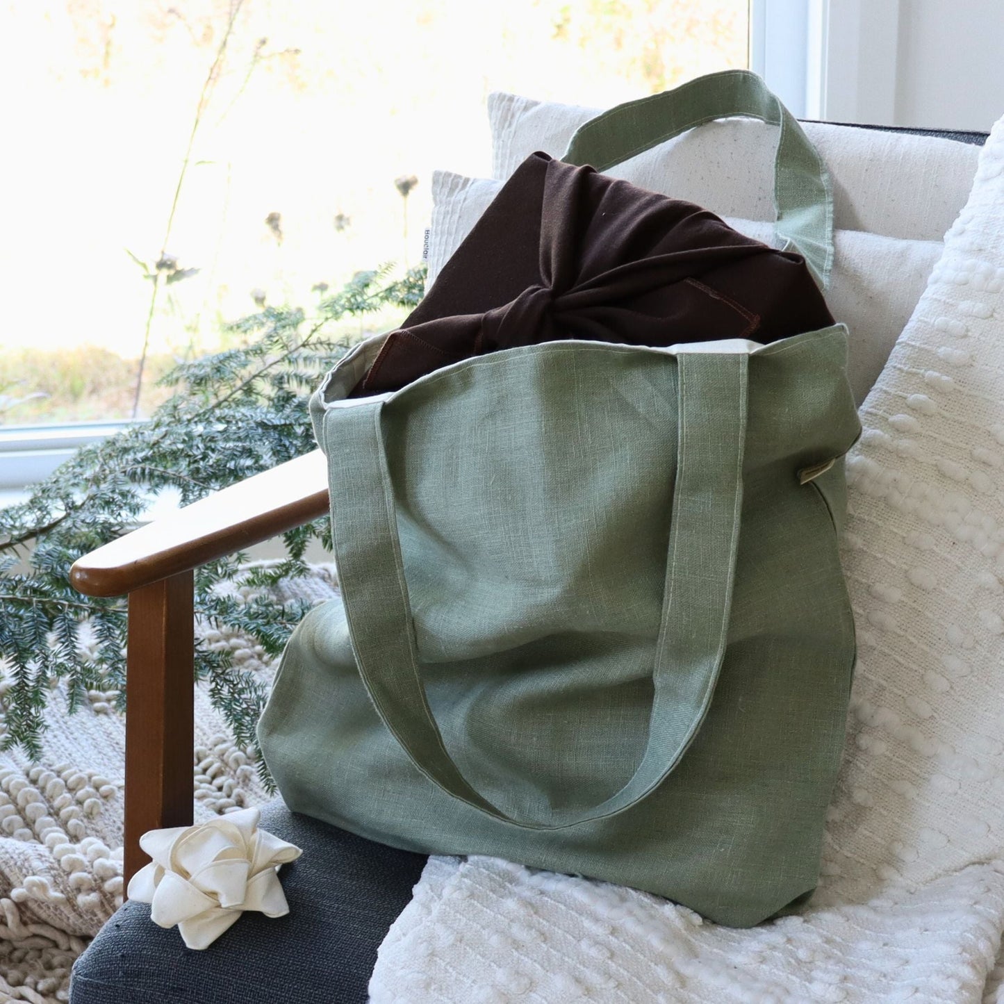 Reusable lined tote bag (Tote bag) Pure linen - Eucalyptus linen