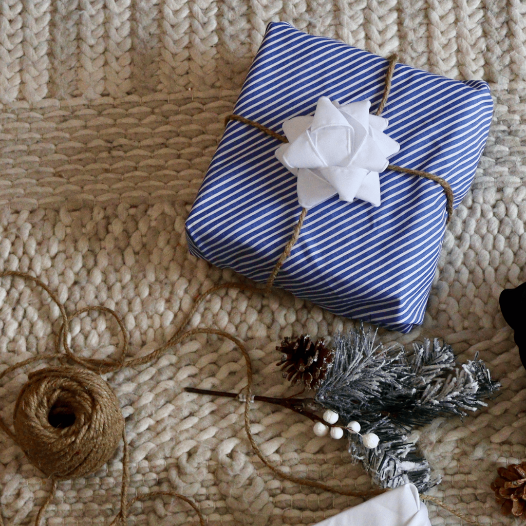 Reusable Furoshiki Gift Wrap Stripes - Blue with White Stripes