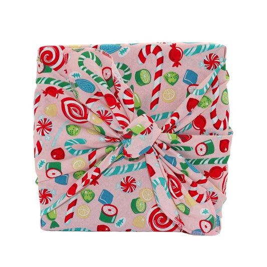 Reusable Furoshiki Gift Wrap Stripes - Pink with Candy Cane Patterns