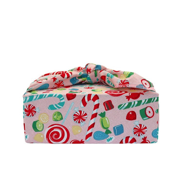 Reusable Furoshiki Gift Wrap Stripes - Pink with Candy Cane Patterns
