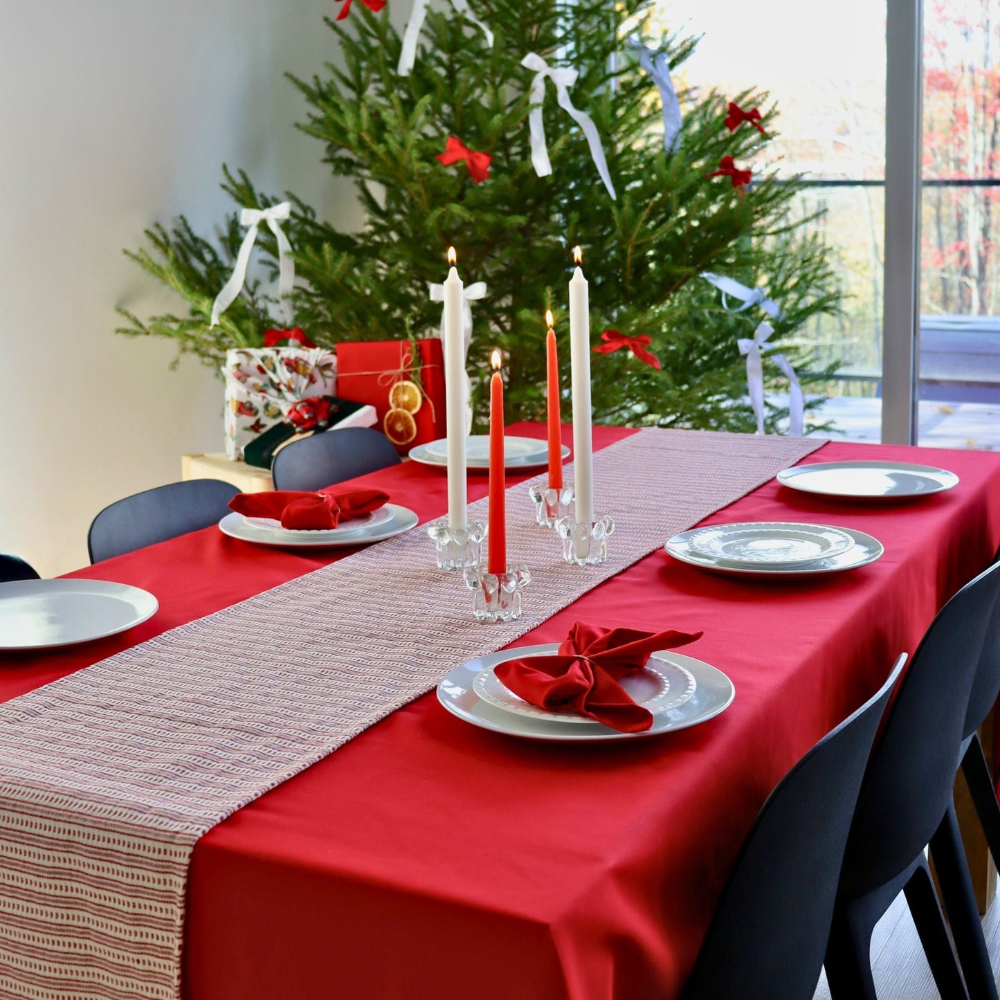 Table runner - Red embroidery on cream background