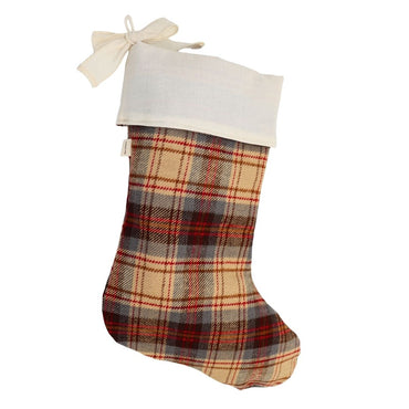 Bas de Noël avec boucle - Lainage tartan rouge, beige et gris