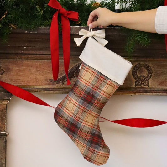 Christmas Stocking - Red, Beige, and Gray Tartan Wool