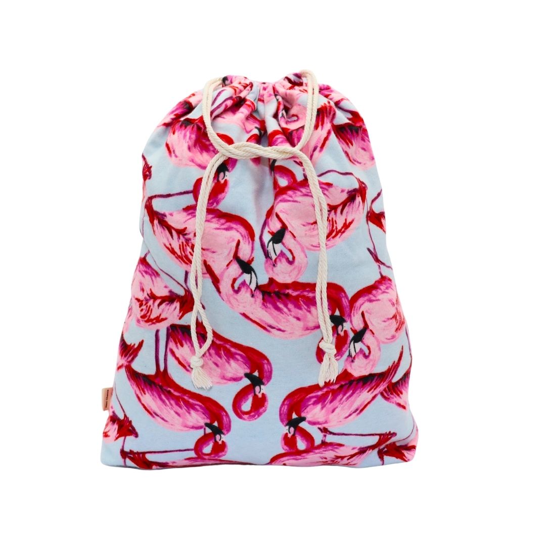 Reusable fabric gift bags - Sky blue with flamingo patterns