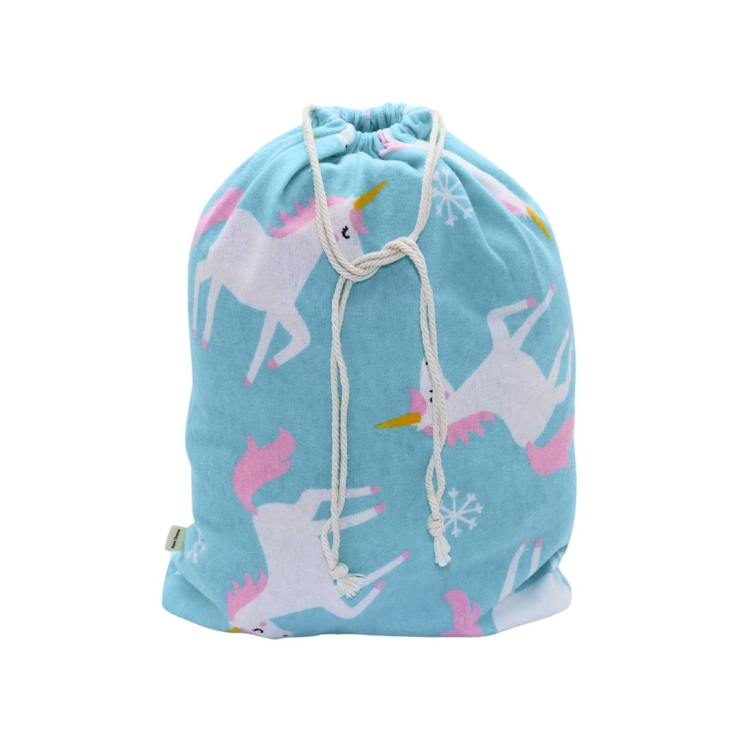 Reusable fabric gift bags - Blue with unicorn patterns