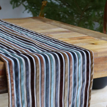 Chemin de table - Lignes velours brun, gris, sauge et rouille