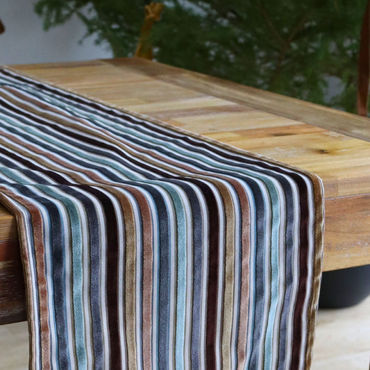 Chemin de table - Lignes velours brun, gris, sauge et rouille