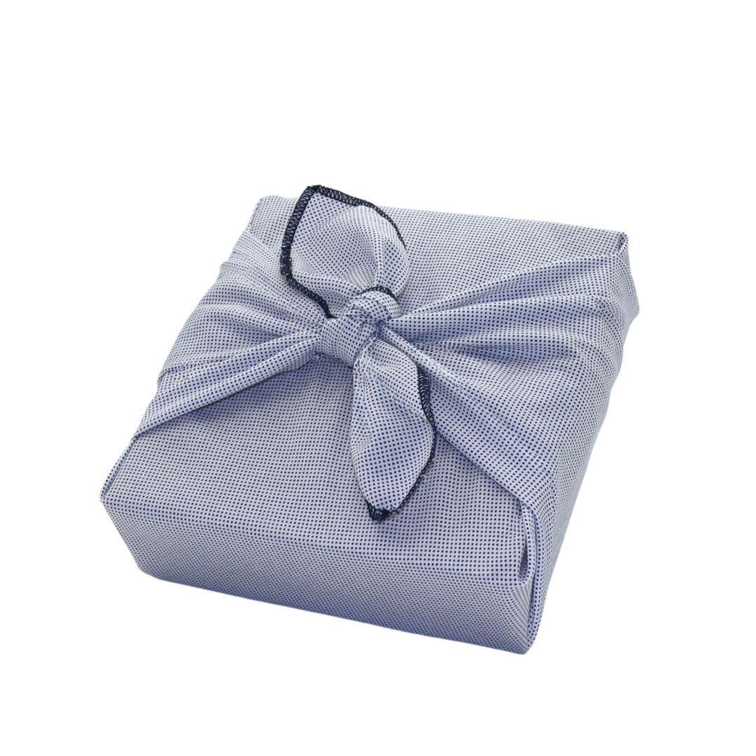 Reusable Furoshiki Gift Wrap - Small navy blue polka dots on light blue