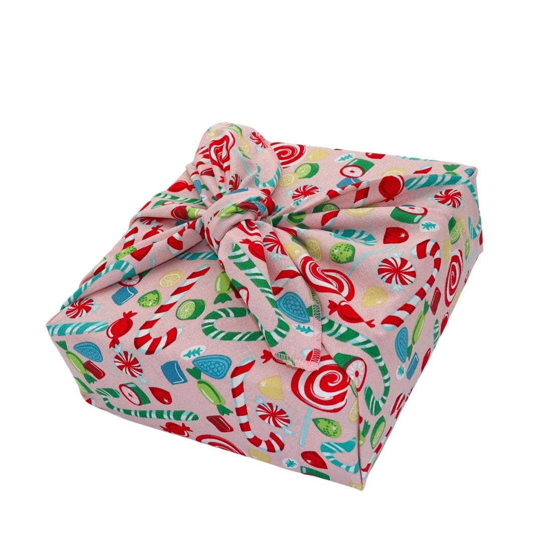 Reusable Furoshiki Gift Wrap Stripes - Pink with Candy Cane Patterns