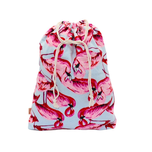Reusable fabric gift bags - Sky blue with flamingo patterns